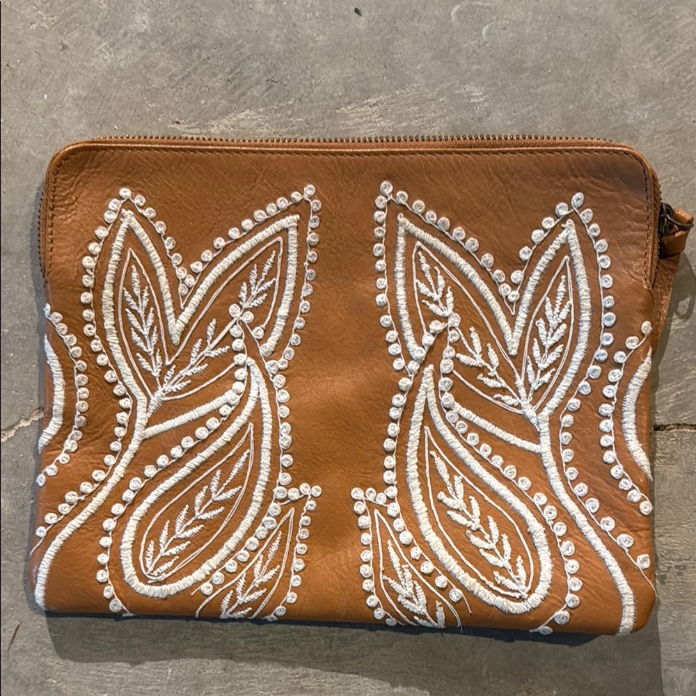 Embroidered Tan Clutch Bag